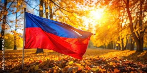 Red and blue flag waving in the wind with golden light on a sunny day in October amidst fallen leaves