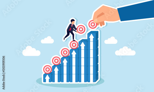Businessman's hand and a businessman work together placing a target board on stacked boxes forming a chart, illustration of teamwork and collaboration in achieve business targets