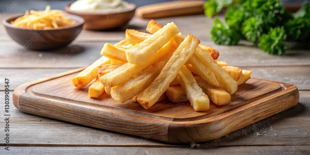 Crispy Yuca Frita on a Wooden Board , kitchen table, vegetarian, kitchen table Crispy Yuca Frita on a Wooden Board , kitchen table, vegetarian, kitchen table