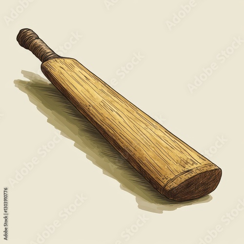 A wooden cricket bat sits on a plain colored background photo