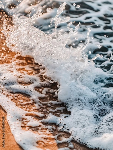 Splashing wave creates ephemeral art on sun kissed sand shoreline