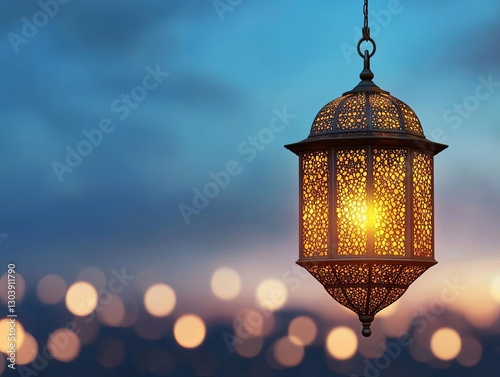 An ornate lantern emits a warm glow against a blurred blue background.