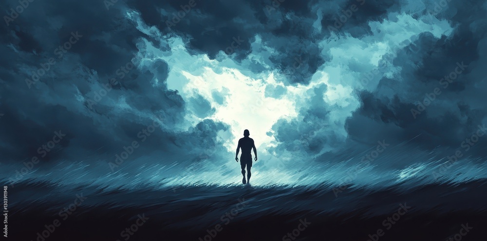 Fototapeta premium Silhouette of a person walking toward the bright sky above