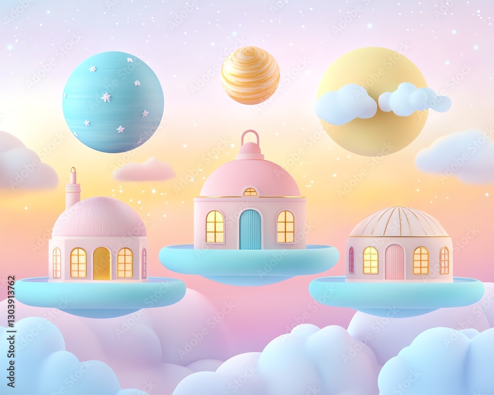 A surreal pastel world with floating islands, futuristic houses, and a dreamy sunset sky. Perfect for fantasy, utopian, and imaginative projects. A surreal pastel world with floating islands, futuristic houses, and a dreamy sunset sky. Perfect for fantasy, utopian, and imaginative projects.