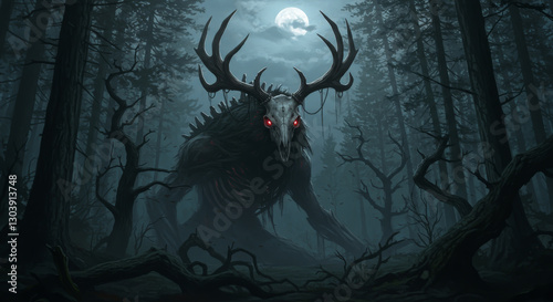 Antlered skull monster lurks menacingly under a full moon