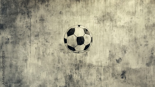 A textured soccer ball rests on a textured rough surface