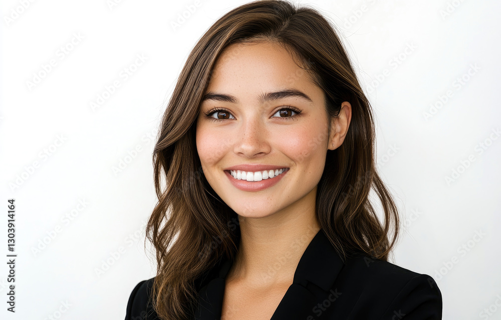 Professional portrait of a smiling young woman in a black blazer against a neutral background Professional portrait of a smiling young woman in a black blazer against a neutral background