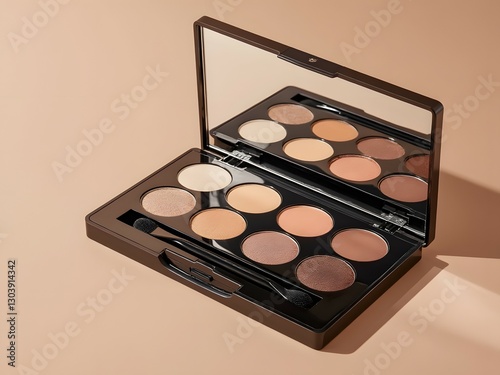 Slightly open luxury nude eyeshadow palette on a nude background, neutral brown tones. Professional multicolor eye shadow palette. Beauty product concept and makeup cosmetics