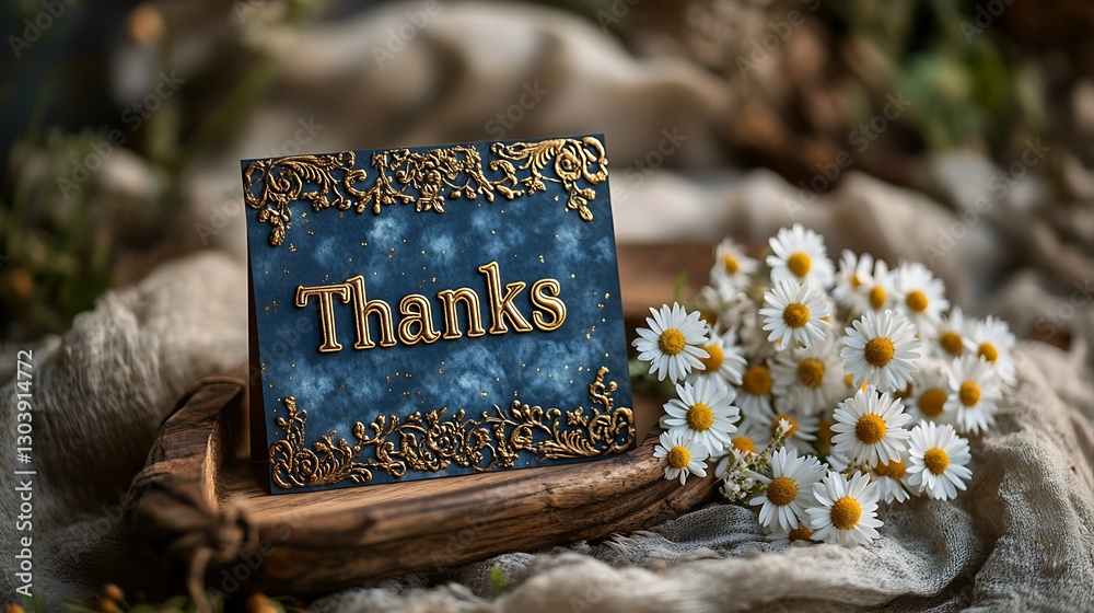 Naklejka premium Flowers on rocks with a wooden sign thanks and a message