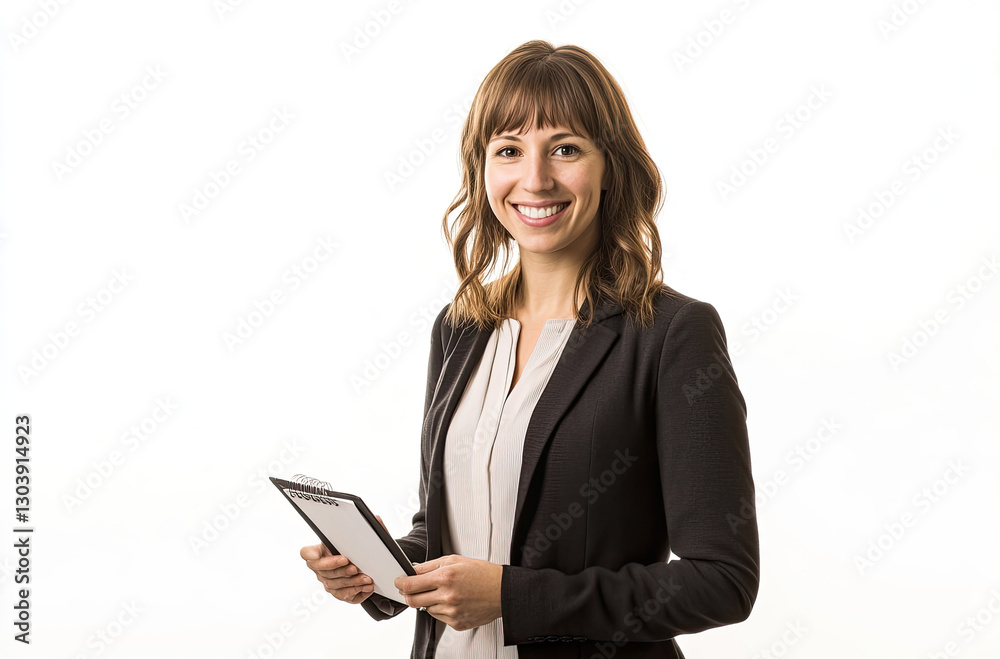 Professional woman holding a clipboard, smiling in a bright, minimalistic studio setting Professional woman holding a clipboard, smiling in a bright, minimalistic studio setting