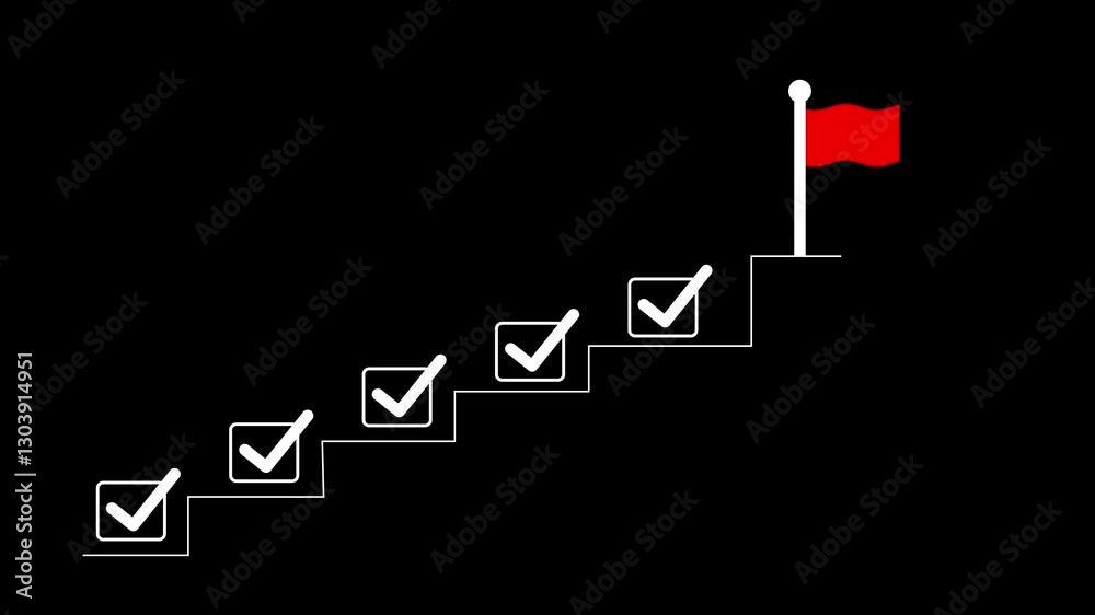 Business success and goal achievement steps. Businessman drawing checkmarks on virtual staircase steps toward achieving goals, ending with red flag as success marker. Planning, progress, goal setting