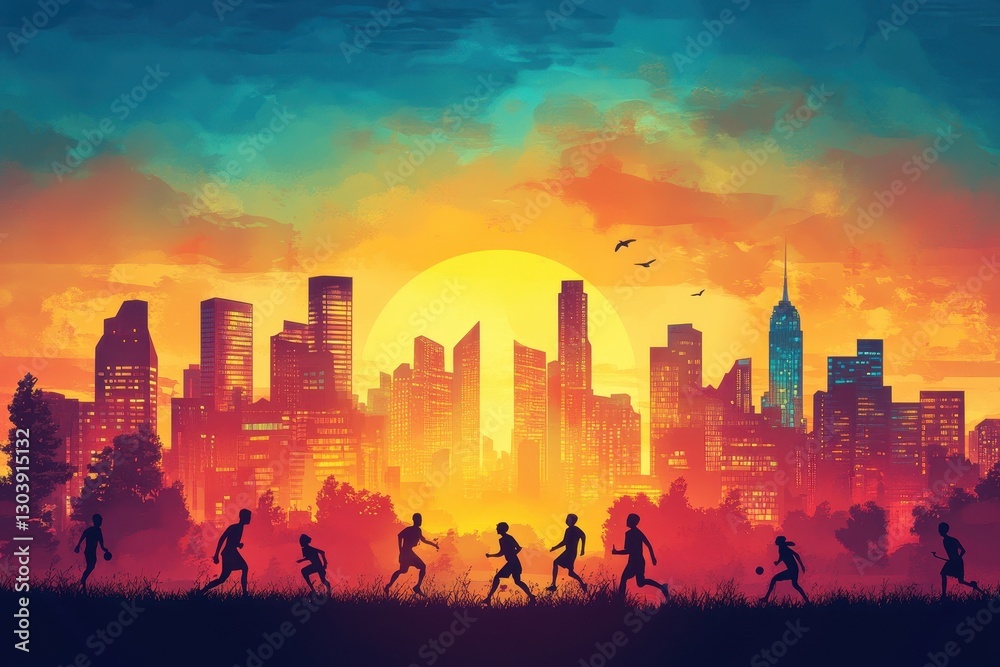 Fototapeta premium People playing soccer in front of a beautiful cityscape skyline background