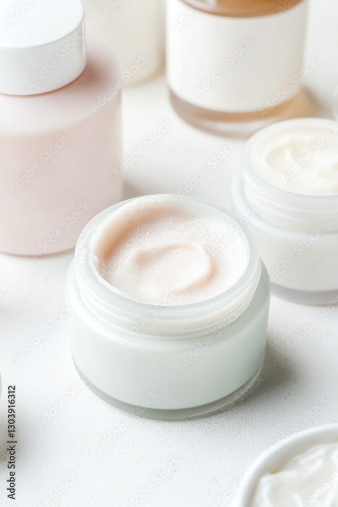close-up of various cosmetic creams and lotions with rich smooth textures on pristine white surface meticulously arranged close-up of various cosmetic creams and lotions with rich smooth textures on pristine white surface meticulously arranged