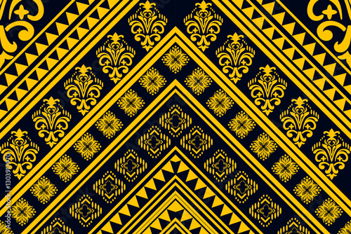 ethnic geometric pattern dark blue, yellow striped background. The pattern consists of triangular shapes. diamond and flower shapes arranged Design for fabric patterns Pillows, curtains,handkerchiefs