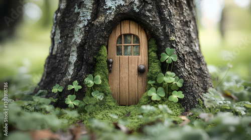 A whimsical fairy door in a tree trunk surrounded by clovers and moss