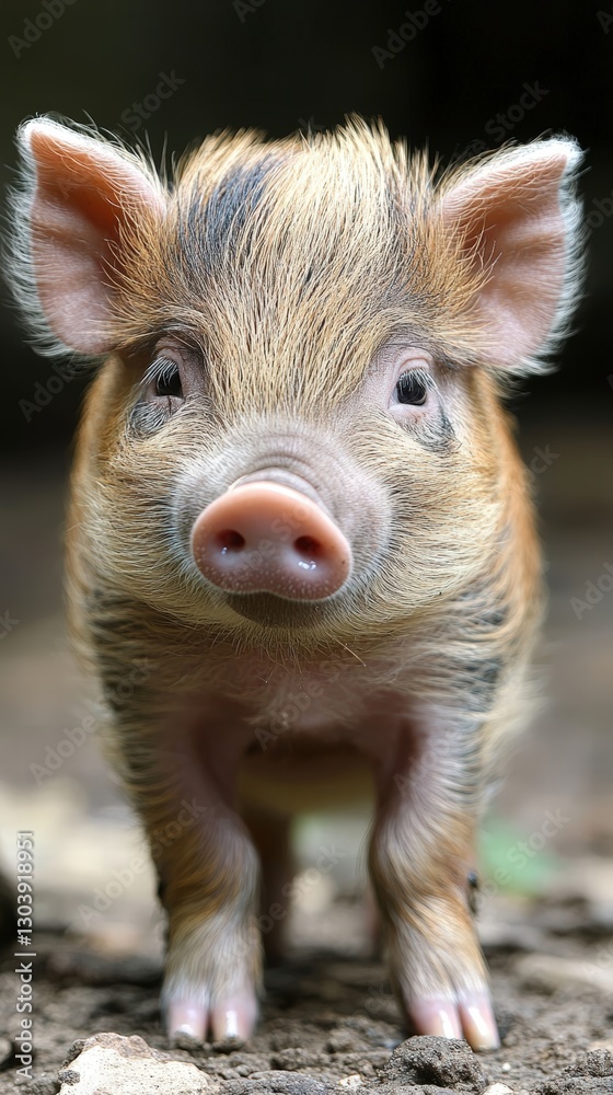 Pink pig standing alone in green pasture under bright blue sky in rural farm setting Pink pig standing alone in green pasture under bright blue sky in rural farm setting