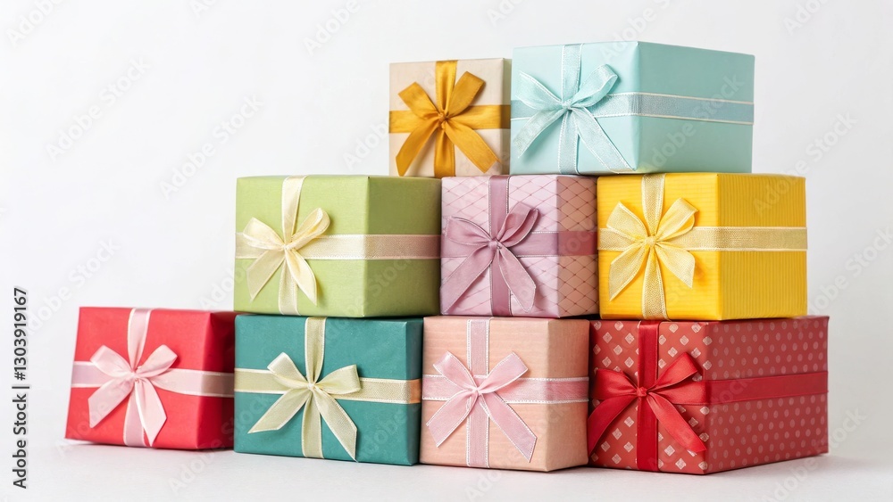 Fototapeta premium A colorful stack of beautifully wrapped gift boxes, showcasing various pastel colors and decorative ribbons, perfect for celebrations and special occasions.