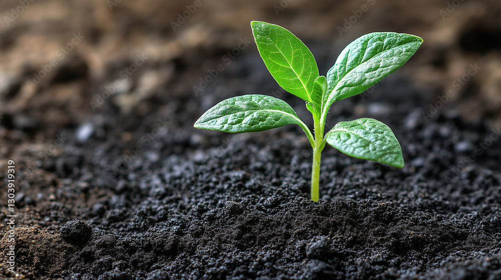 Naklejka premium Young plant sprouting from rich soil, backlit by sunlight. Ideal for gardening blogs, environmental sites, growth concepts, nature photography, and new beginnings themes.