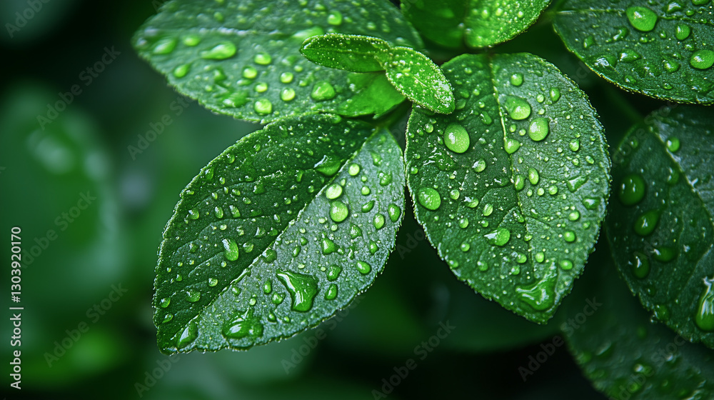 Dew-kissed leaves, close-up. Use for nature blogs, gardening websites, environmental themes, fresh start concepts, beauty product backgrounds.