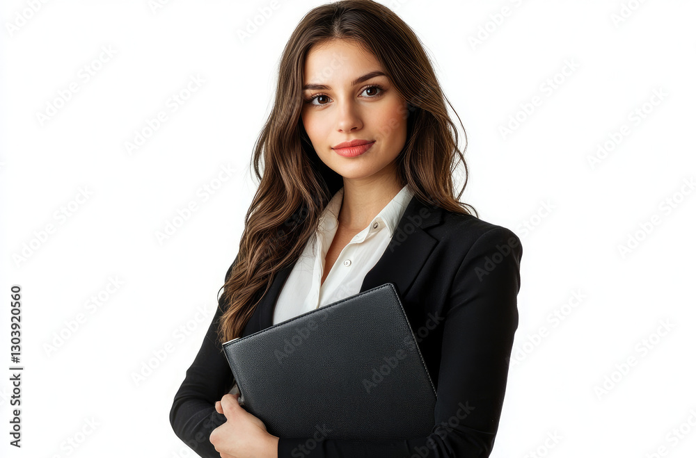 Professional woman in business attire holding a portfolio, standing confidently against a plain background Professional woman in business attire holding a portfolio, standing confidently against a plain background