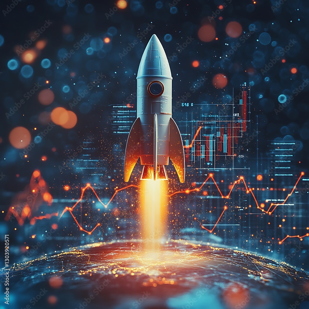 Fototapeta premium Rocket Launch, Global Growth, Data Visualization