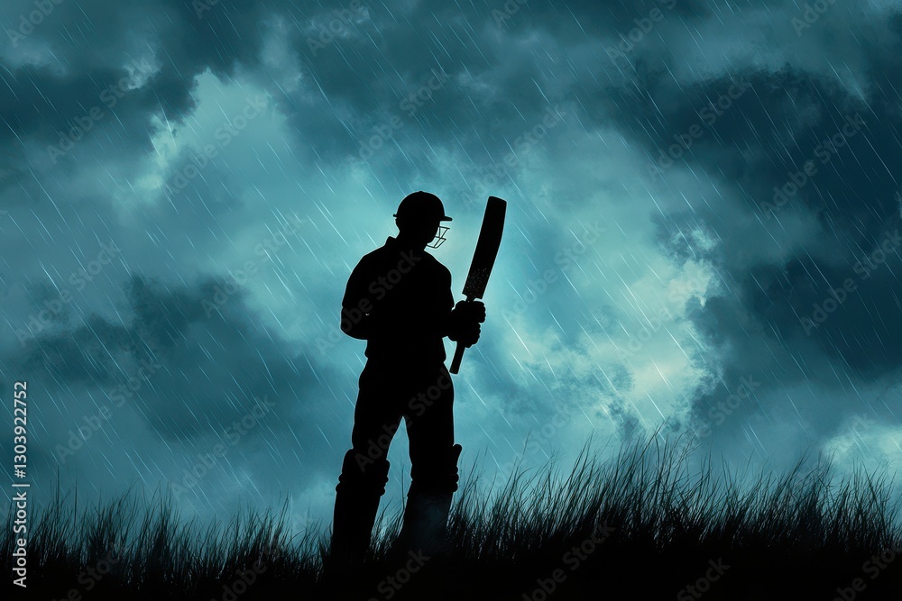 Silhouette Of A Cricketer Standing During A Rainy Game