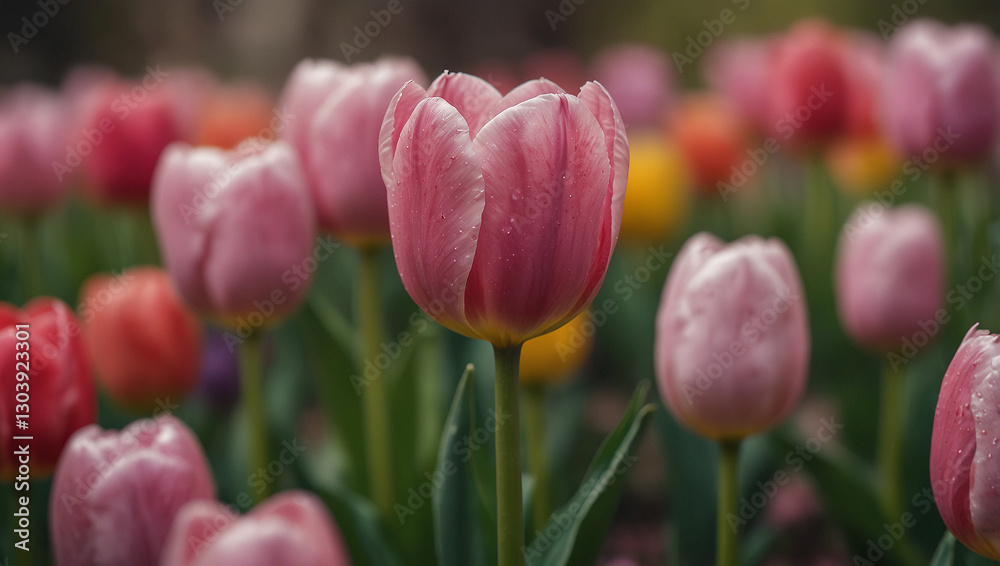 Fototapeta premium A close-up shot showcases a field of pink tulips with a central, prominent bloom. It is intended for upload as stock imagery.