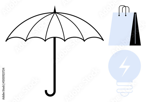 Black umbrella, light blue shopping bag, and glowing light bulb symbolizing protection, shopping, and ideas. Ideal for insurance, innovation, retail, sustainability creativity protection business