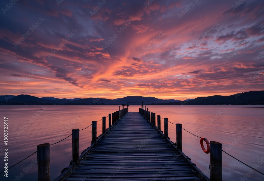 Obraz premium Sunset Serenity. Wooden Pier. A Calm Lake Scene. Beautiful Sky. Warm Colors Reflect. Distant Hills. Peaceful. Inviting Landscape. Relaxing. A Scenic Evening.