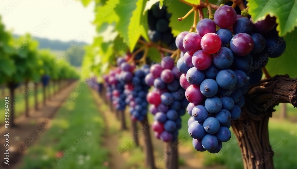 Obraz premium Tangled bunches of purple grapes in the vineyard, overgrown, florescent, wilted