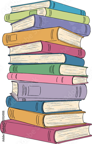 A hand-drawn illustration of a tall stack of colorful books, symbolizing knowledge, learning, literature, and education.  
