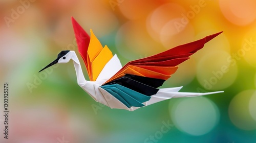 Delicate origami crane glides effortlessly, showcasing vivid colors of red, yellow, and black against a softly blurred backdrop, capturing the essence of artistic craftsmanship.