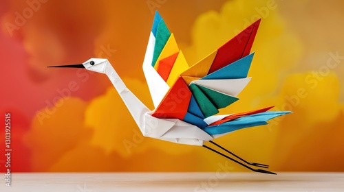 A beautifully crafted origami crane, adorned with an array of bright colors, gracefully appears to take flight against a warm, colorful backdrop reminiscent of a sunset, celebrating creativity.