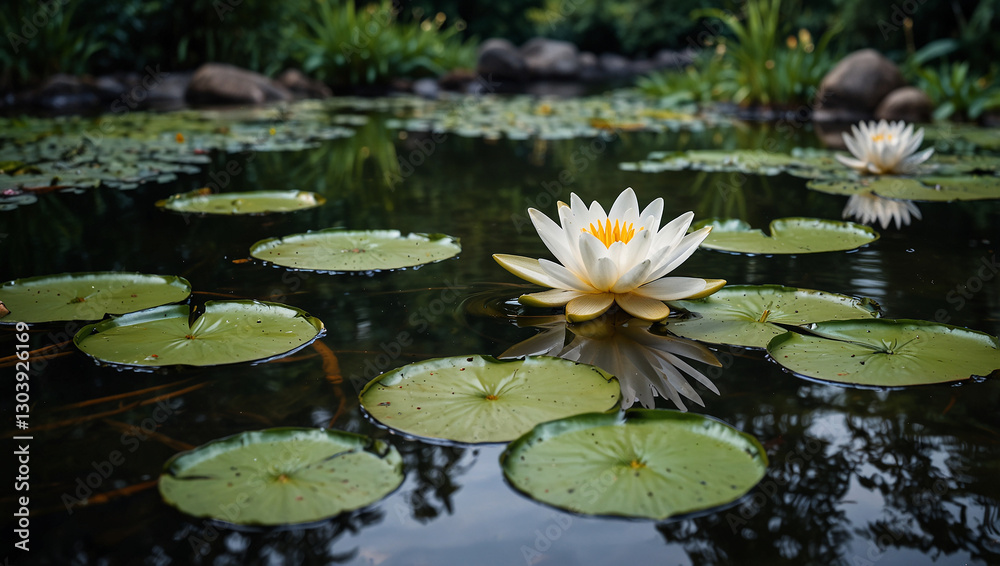 Uploading a serene landscape. A tranquil pond filled with lily pads reflects the surrounding lush greenery and flowers, creating a peaceful scene. Uploading a serene landscape. A tranquil pond filled with lily pads reflects the surrounding lush greenery and flowers, creating a peaceful scene.