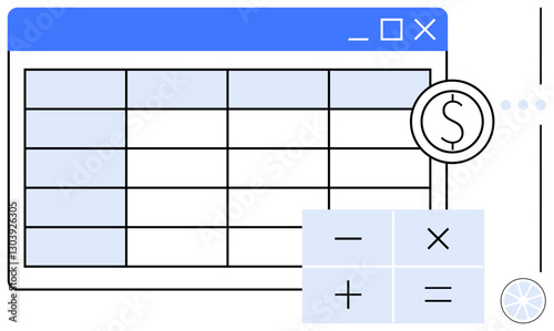 Spreadsheet interface paired with calculation buttons and dollar sign. Ideal for finance, budgeting, accounting, payroll, data analysis, economic planning, and productivity. Flat simple metaphor