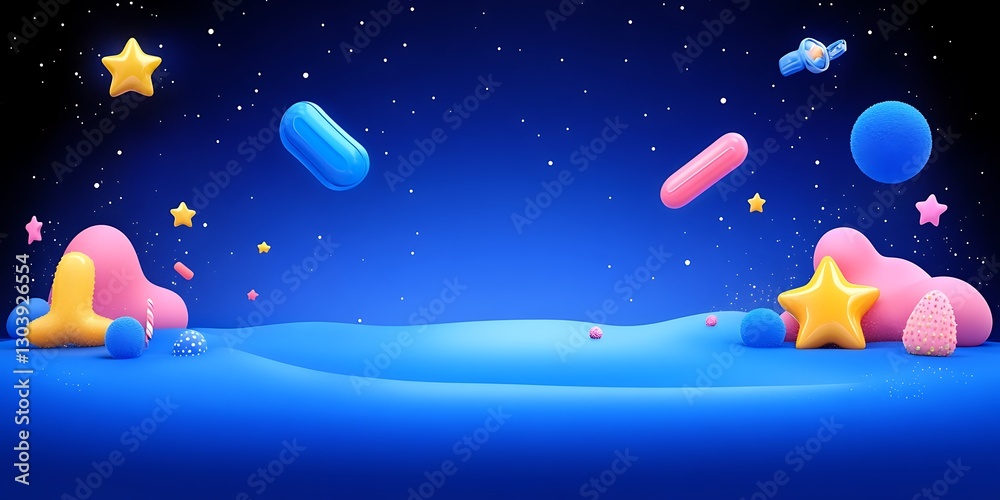 Fototapeta premium Dreamscape illustration with stars and colorful 3D geometric forms