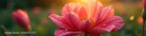Flower with dew drops on its petals in morning sunlight, wet, drops