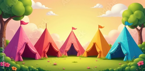 Array of cartoon tents, rainbow hues, playful design, image, summer