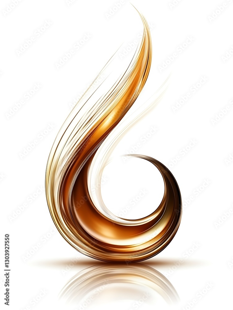 Dynamic golden swirl abstract design with reflection on a white backdrop Dynamic golden swirl abstract design with reflection on a white backdrop