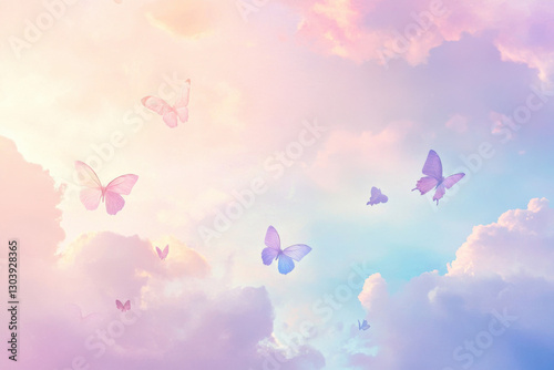 A soft pastel sky background with butterflies flying