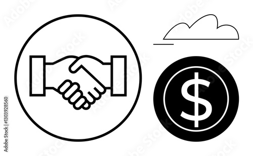 Handshake inside circle, dollar sign in black circle, stylized cloud above. Ideal for business deals, partnerships, negotiations, financial growth, teamwork trust cloud services. Flat simple