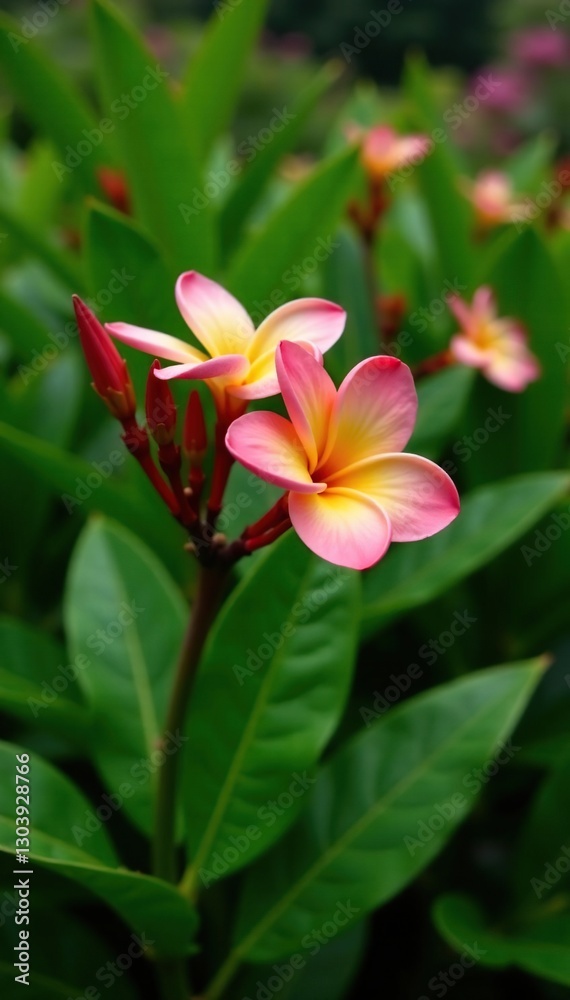 Plumeria tree with a few leaves and flowers in the background, garden, greenery Plumeria tree with a few leaves and flowers in the background, garden, greenery