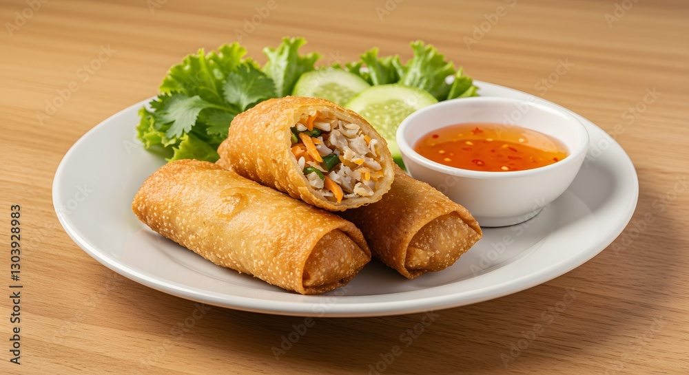 Crispy Spring Rolls Served with Dipping Sauce and Fresh Vegetables Crispy Spring Rolls Served with Dipping Sauce and Fresh Vegetables