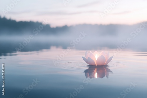 serene scene with single lit lotus lantern floating on water during tranquil evening symbolizing vesak day spiritual photo
