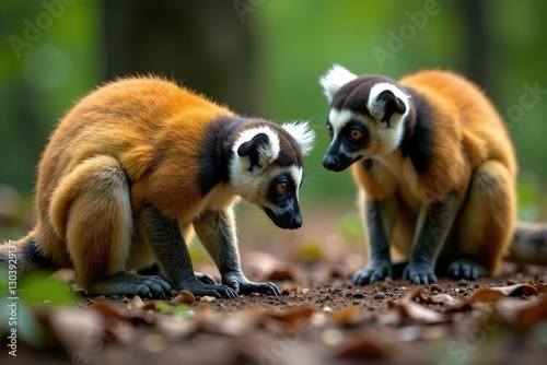 Var lemurs exploring their surroundings with twitching noses, discovery, nose, forest floor