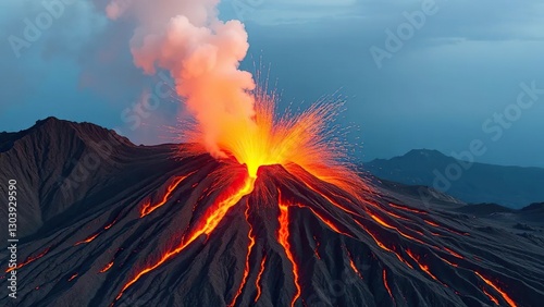 Boiling water bursts forth from a mountain's volcanic core, eruption, volcanic, boiling