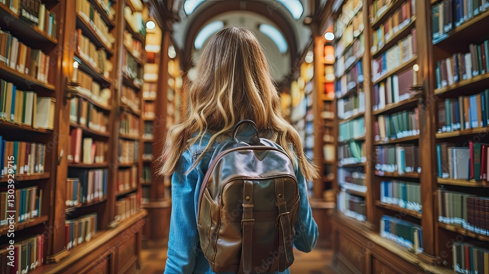 A person with a backpack walks through a library aisle A person with a backpack walks through a library aisle