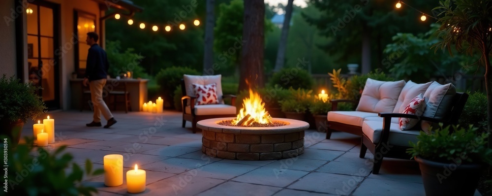 Obraz premium Soft candlelight on paved patio surrounding a fire pit, summer, evening