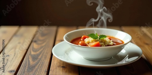 White plate with steaming hot soup, wooden background, homestyle, simple