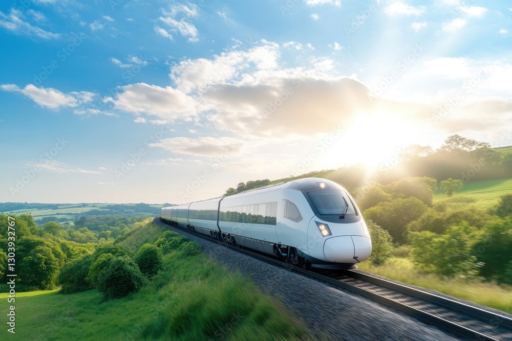 Naklejka premium sleek modern train glides smoothly along picturesque countryside railway track framed by greenery under serene blue